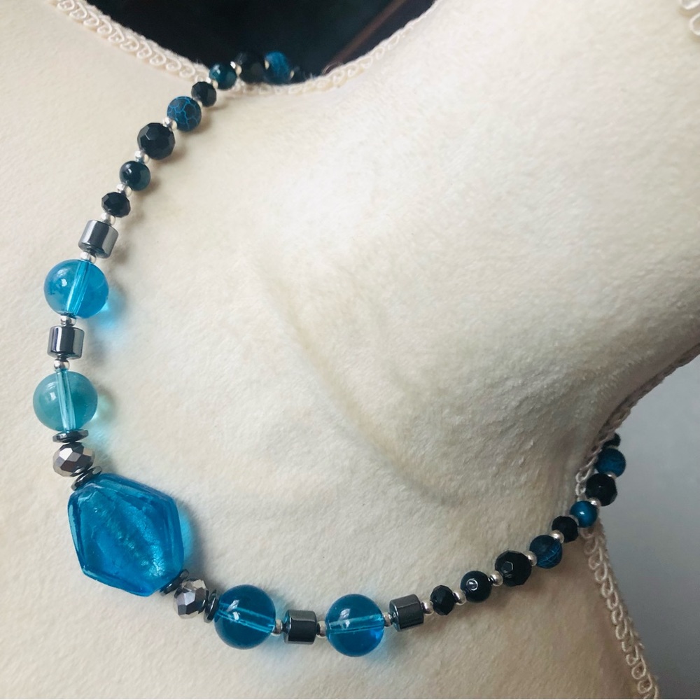Handcrafted repurpose glass apatite agate hematite stone beaded necklace